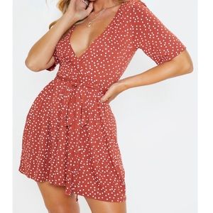Terracotta Polka Dot Wrap Tea Dress